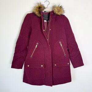 J. Crew Chateau Parka Italian Wool Stadium Cloth Coat Maroon Fur Hood Size 00‎